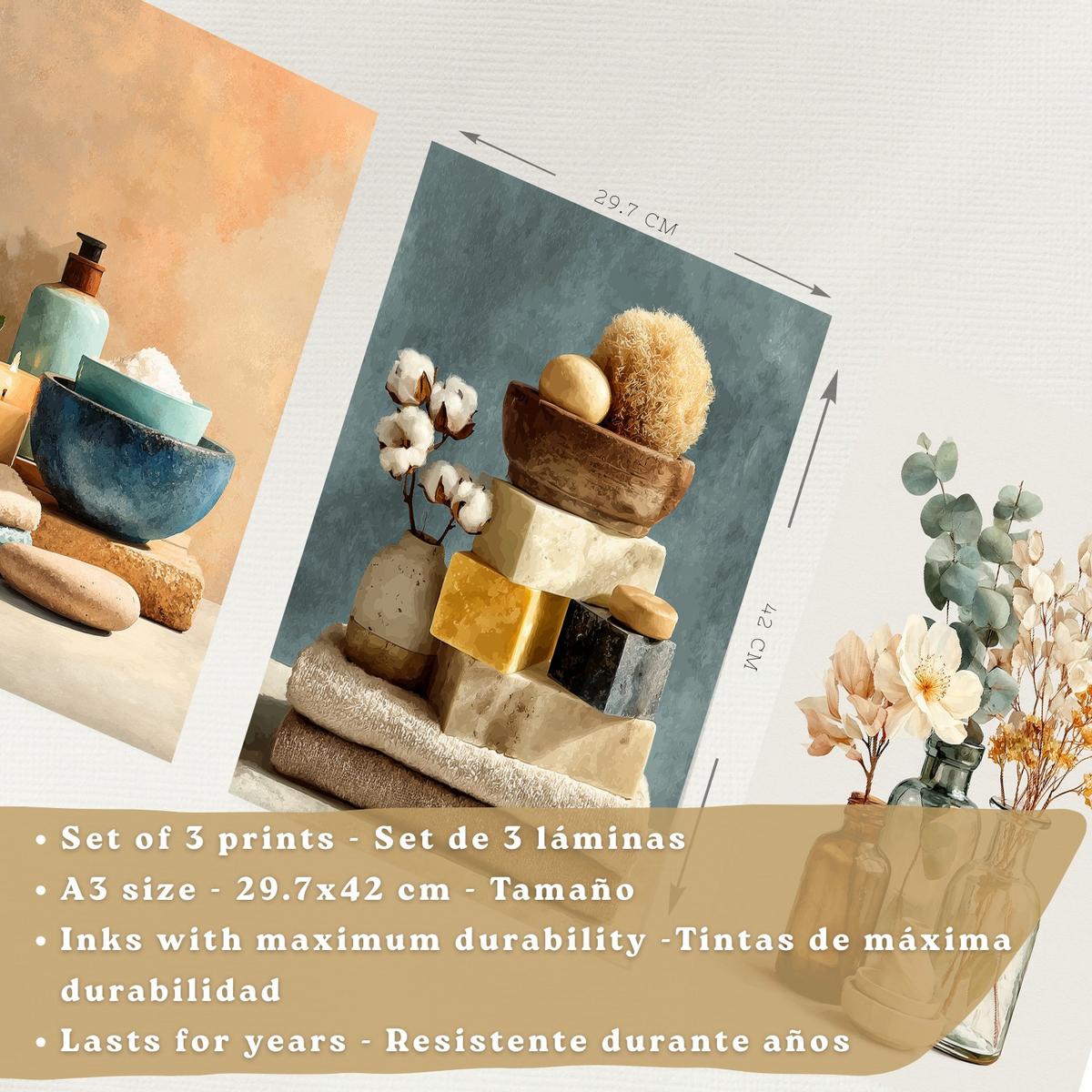 POSTER 3er-Set dekorative Badezimmer-Wandbilder und für Waschbecken, Dusche, WC mit Kerzen, Seifen und Blumen, farbenfroher Leichter Holzrahmen A3 - Beige, Papier (42/29.7/3cm) - Nacnic