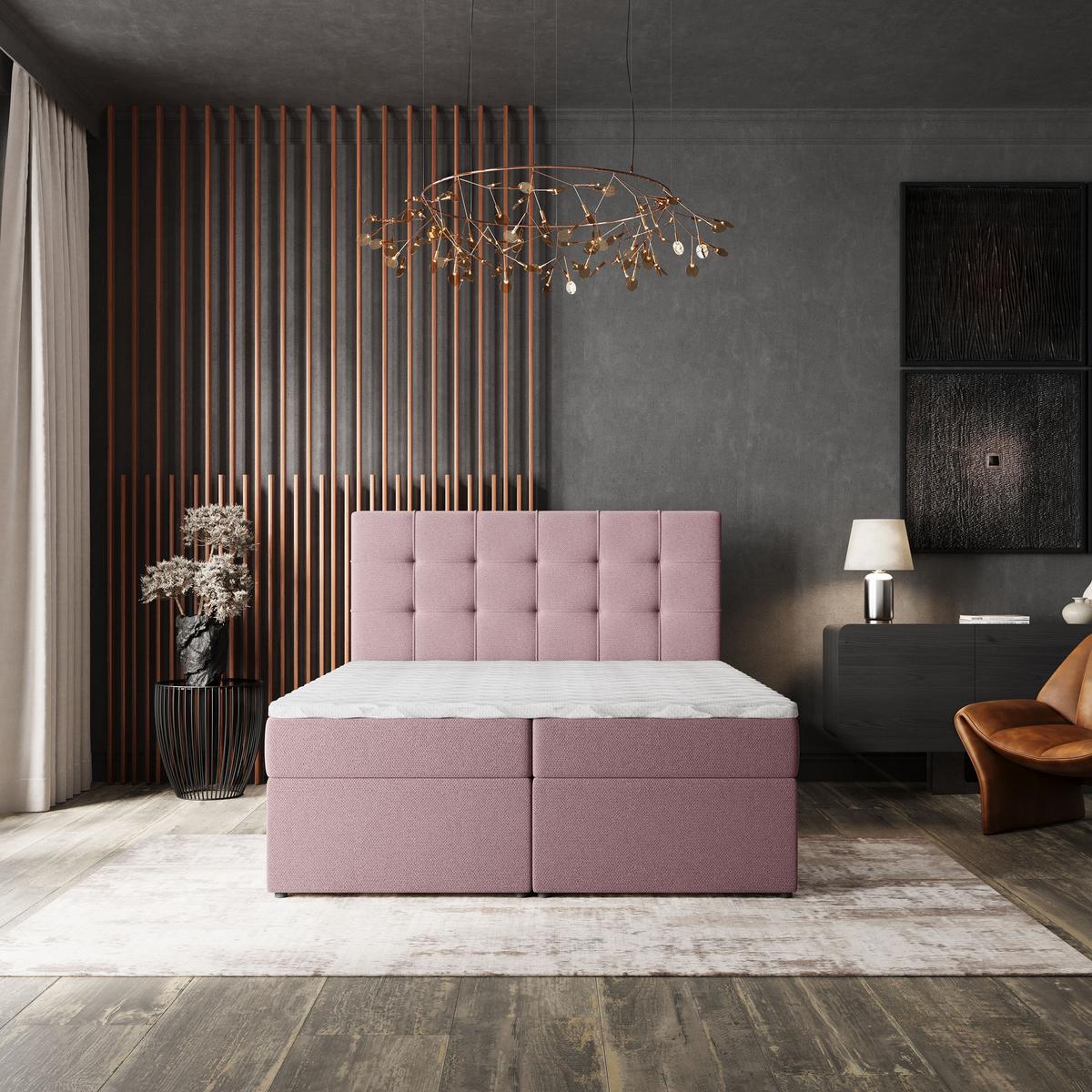 BOXBETT PALMA 140x200 cm mit Matratze und Topper, H2+H3 - Rosa - Rosa, Holz (140/200cm) - MASSENO