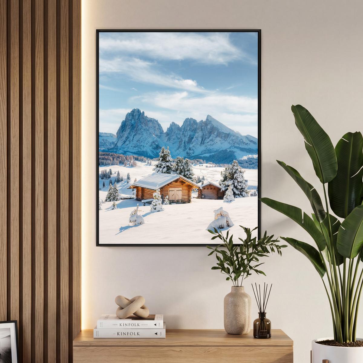 LEINWAND Bilder mit Rahmen - Winter - Hütte - Berge - Aussicht - Schnee - 70x100 - Eichefarben, Textil (70/100cm) - MuchoWow