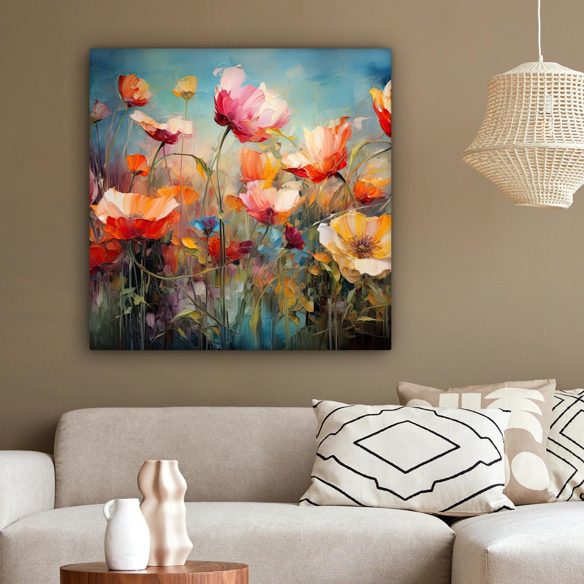 LEINWANDBILD Blumen - Aquarell - Kunst - Botanisch - Natur Deko Groß 90x90 cm - Orange, Textil (90/90cm) - MuchoWow