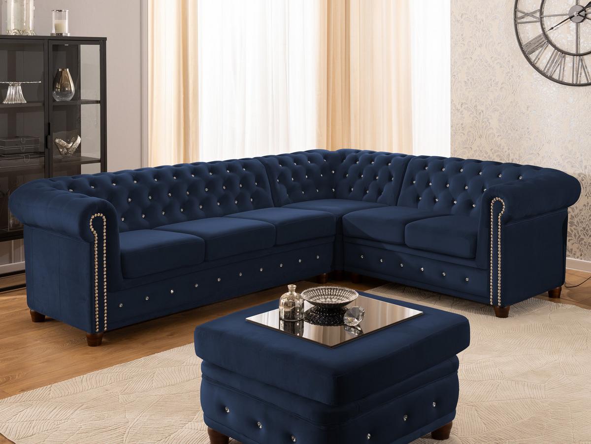 ECKSOFA Chesterfield Cleo Blink Marineblau Samt mit Kristallsteppung und braunen Massivholzfüßen - Ottomane Rechts - Blau/Braun, Holz/Textil (264/210cm) - S-Style Möbel