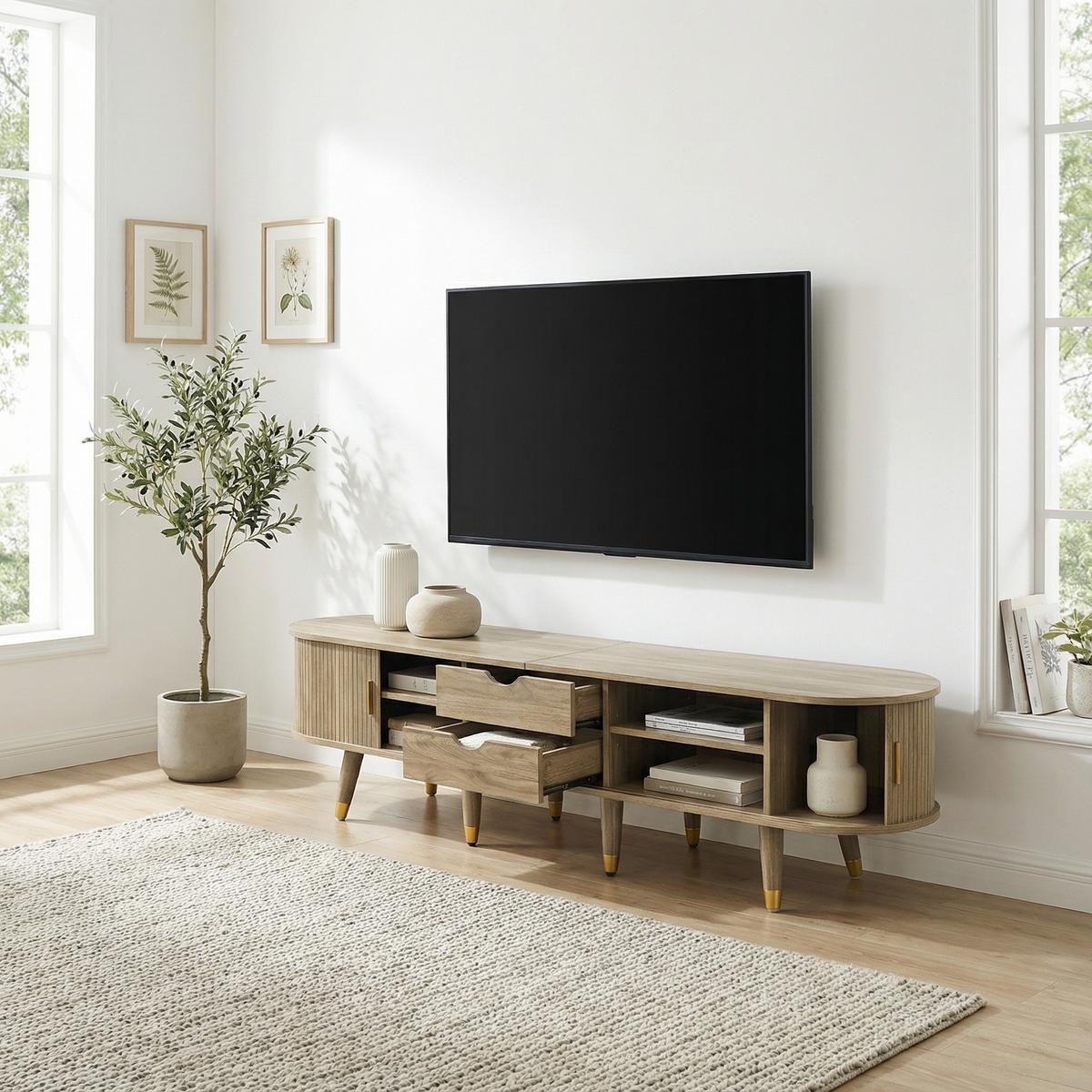 TV-LOWBOARD Oval 175 cm in Eiche-Optik - Weiß, Holzwerkstoff (175/45/38cm) - Urban Meuble
