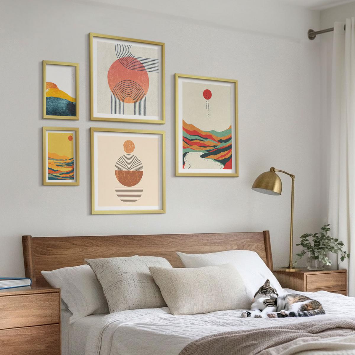 BILDER SET 5er Set - 50x50 cm & 20x30 cm & 40x60 cm Goldrahmen - Abstrakte Berglandschaften - Goldfarben, Kunststoff (40/60cm) - TULUP