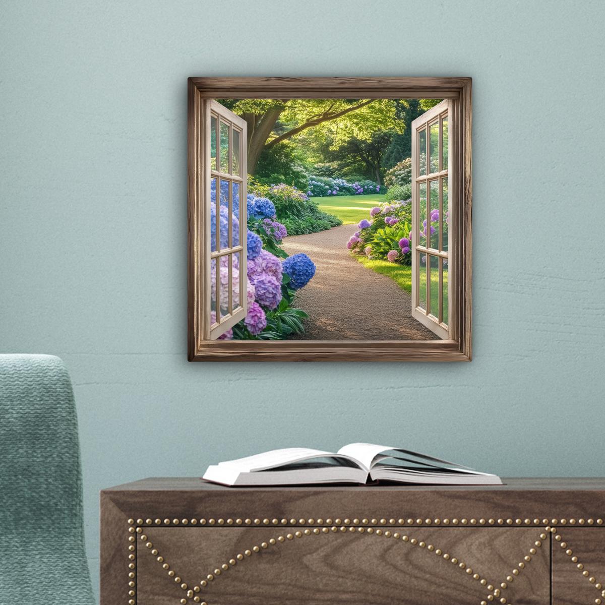 LEINWANDBILD Aussicht - Garten - Fenster - Hortensie - Blumen Deko Wohnzimmer 20x20 cm - Pastellblau, Textil (20/20cm) - MuchoWow