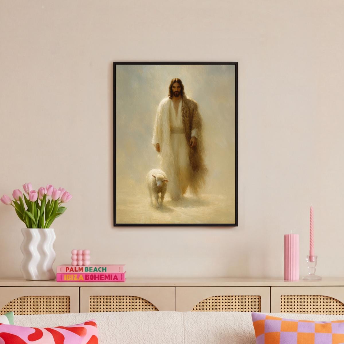 LEINWAND Bilder mit Rahmen - Schaf - Jesus - Pinselstriche - Abstrakt - 50x70 - Beige, Textil (50/70cm) - MuchoWow