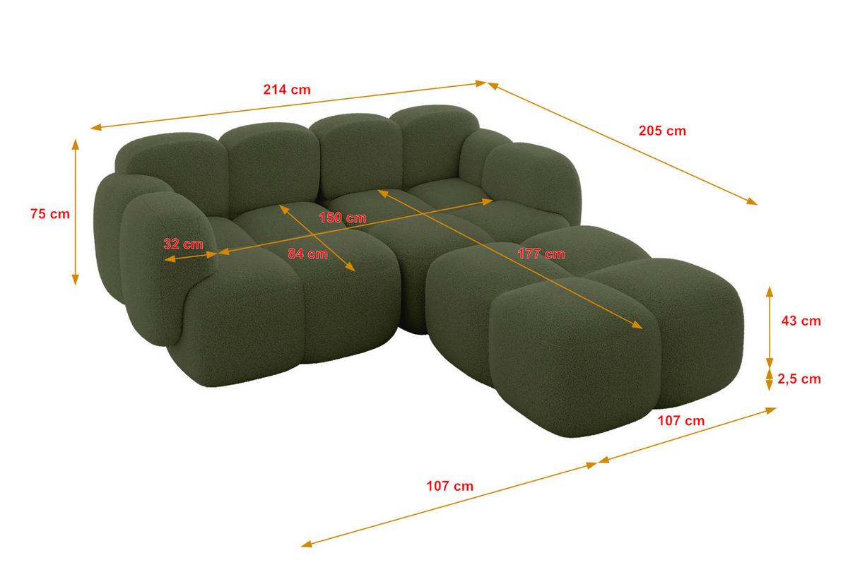 ECKSOFA modulares Sofa Rechts Miko-L1 214x205x75 Grün Bouclé - Smaragdgrün/Schwarz, Holzwerkstoff/Kunststoff (214/205cm) - ALTDECOR