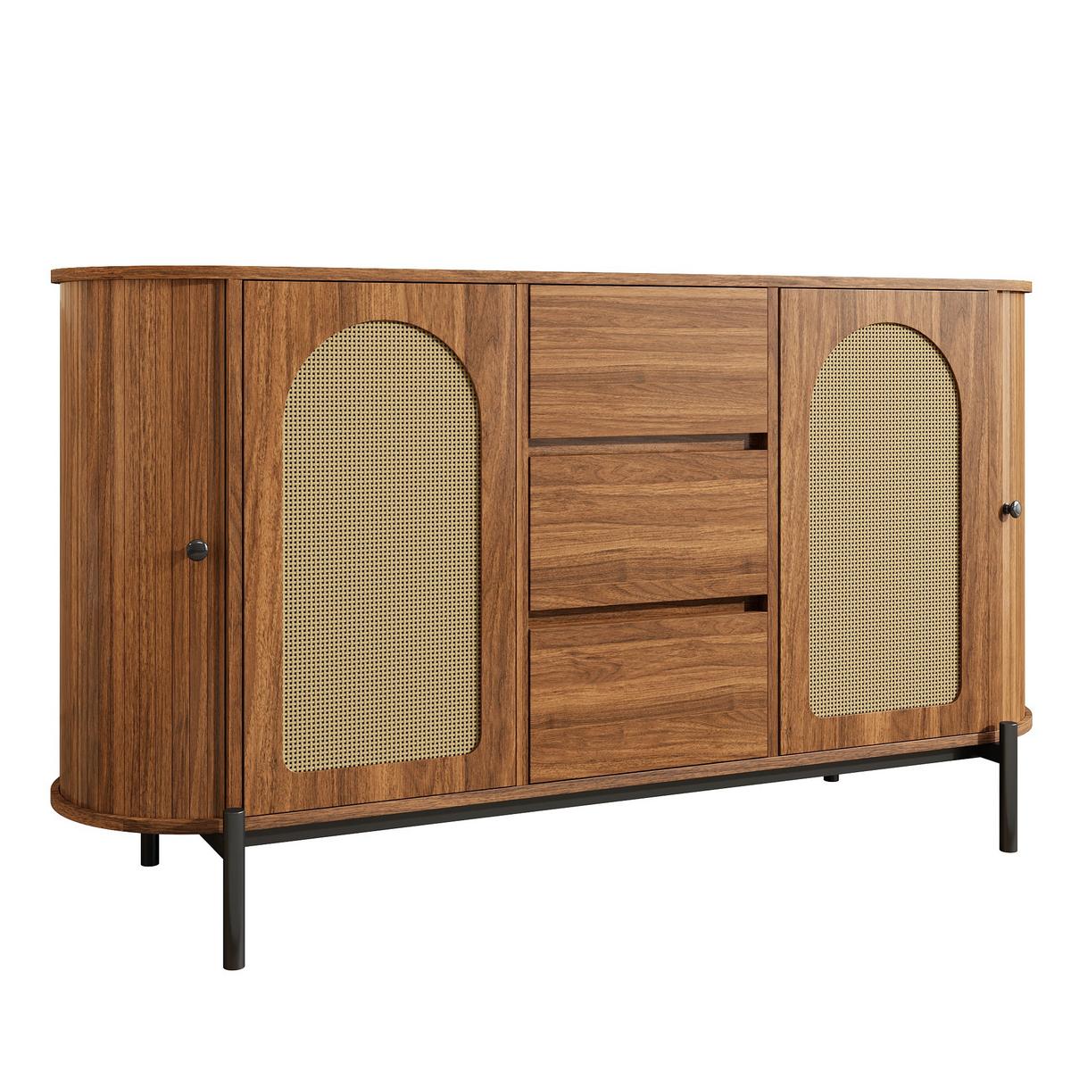 SIDEBOARD in holzoptik mit rattan, ovale form und verstellbaren fächern - Walnussfarben, Holzwerkstoff (140/77.5/38cm) - Urban Meuble