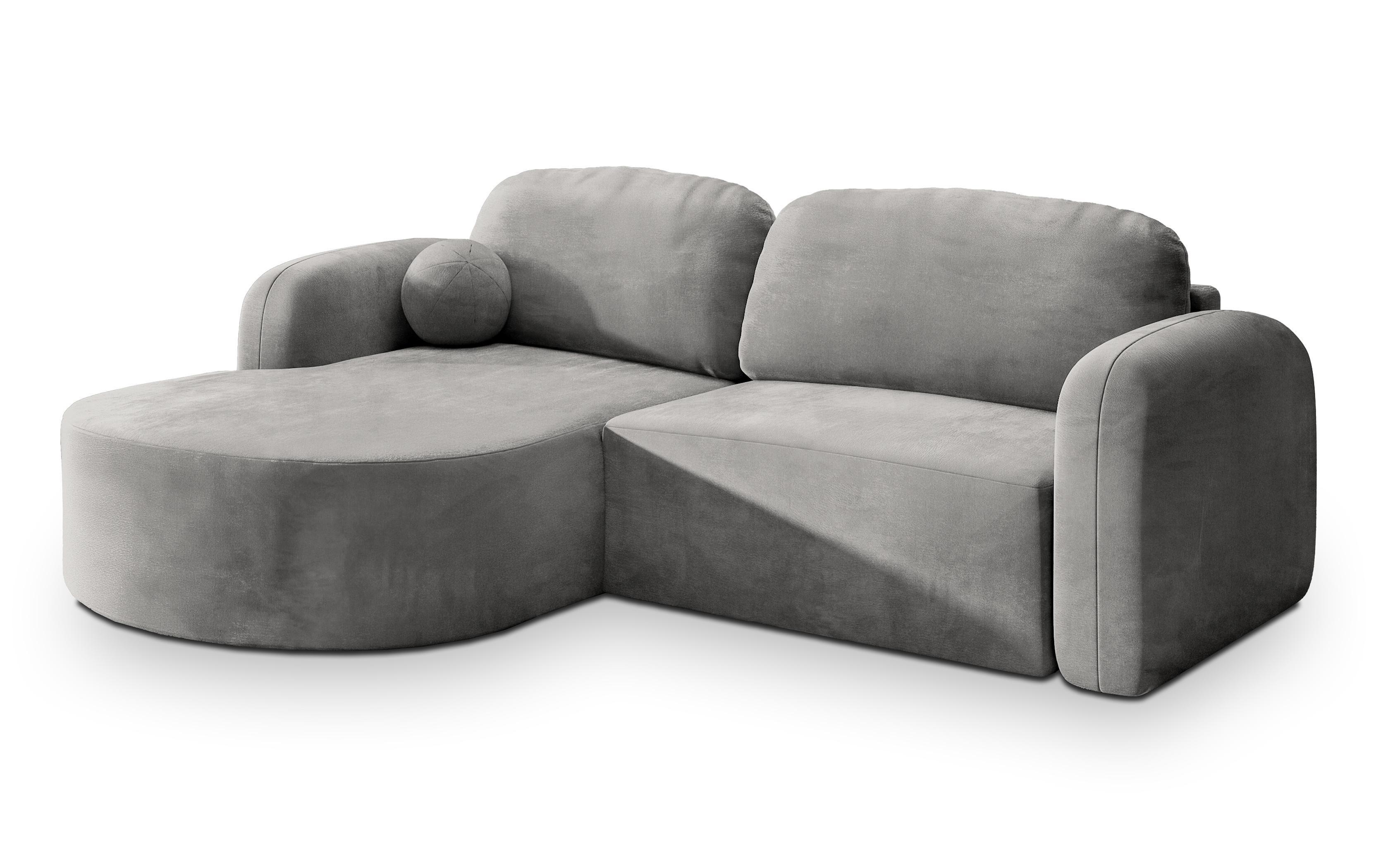 ECKSOFA AMILIA M L-S Hellgrau Velours-Stoff mit Schlaffunktion - Hellgrau, Holz (263/174cm) - MASSENO