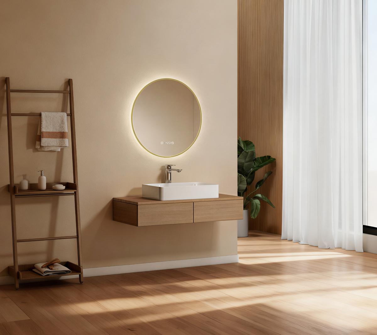 BADSPIEGEL mit LED-Beleuchtung Anti-Beschlag Zeitanzeige Goldfarben Ø 60 cm - Goldfarben, Glas (60/3/3cm) - EMKE