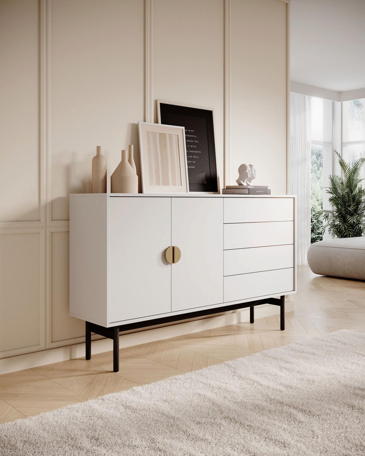 SIDEBOARD Stoon II WEISS 154 CM - Goldfarben/Schwarz, Holzwerkstoff/Metall (154/93/38cm) - Selsey