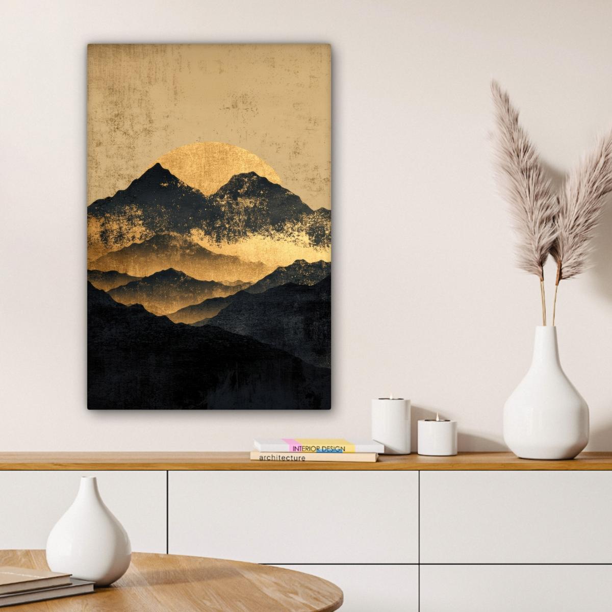 LEINWANDBILD Goldene Berge bei Mondschein Wanddeko 40x60 cm - Goldfarben, Textil (40/60cm) - MuchoWow