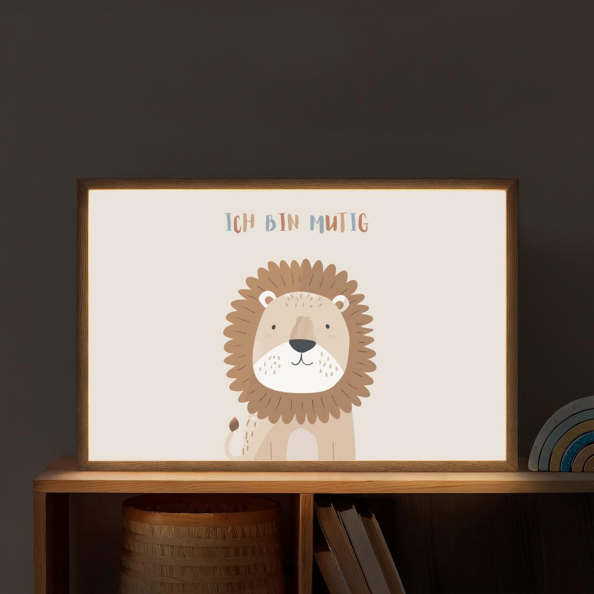 WANDLEUCHTE MIT AKKU Löwe - Beige - Tier - Mutig - Zitat 60x40 cm - Beige, Holzwerkstoff (60/40/8cm) - OnlyWow