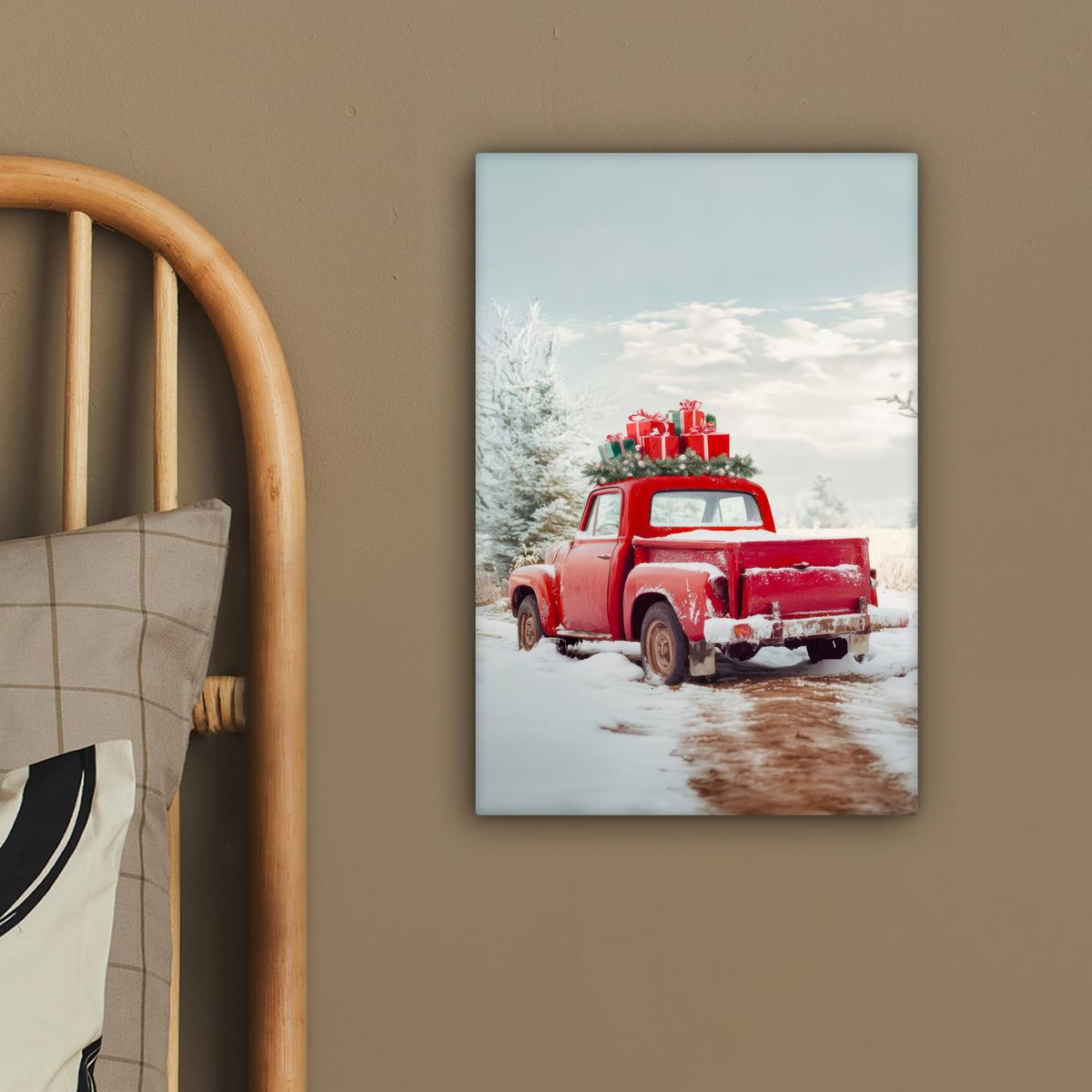 LEINWANDBILD Auto - Rot - Geschenke - Winter - Schnee - Weihnachten Deko Wohnzimmer 20x30 cm - Rot, Textil (20/30cm) - MuchoWow