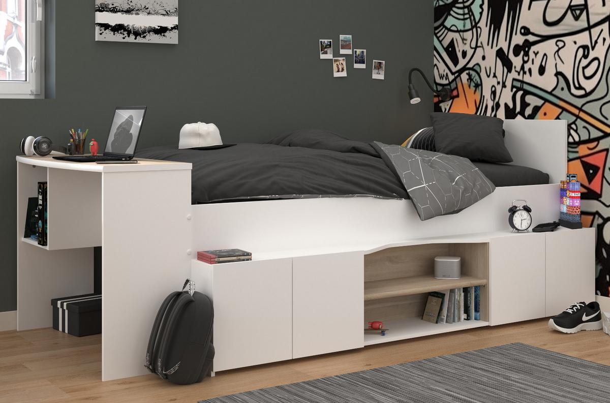 HOCHBETT Jugendzimmer Bett 90x200 mit Schreibtisch und Stauraum - Multicolor/Weiß, Holz/Holzwerkstoff (90/200cm) - Parisot Meuble