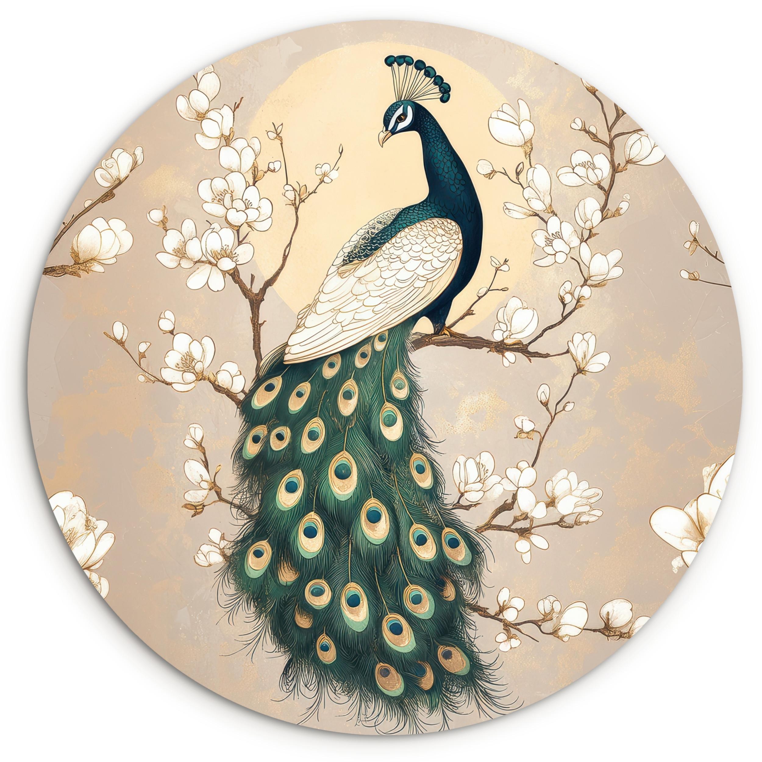 WANDBILD Pfau - Zweig - Blumen Wandbild 120x120 cm - Champagner, Kunststoff (120/120cm) - MuchoWow