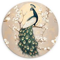 WANDBILD Pfau - Zweig - Blumen Wandbild 120x120 cm - Champagner, Kunststoff (120/120cm) - MuchoWow