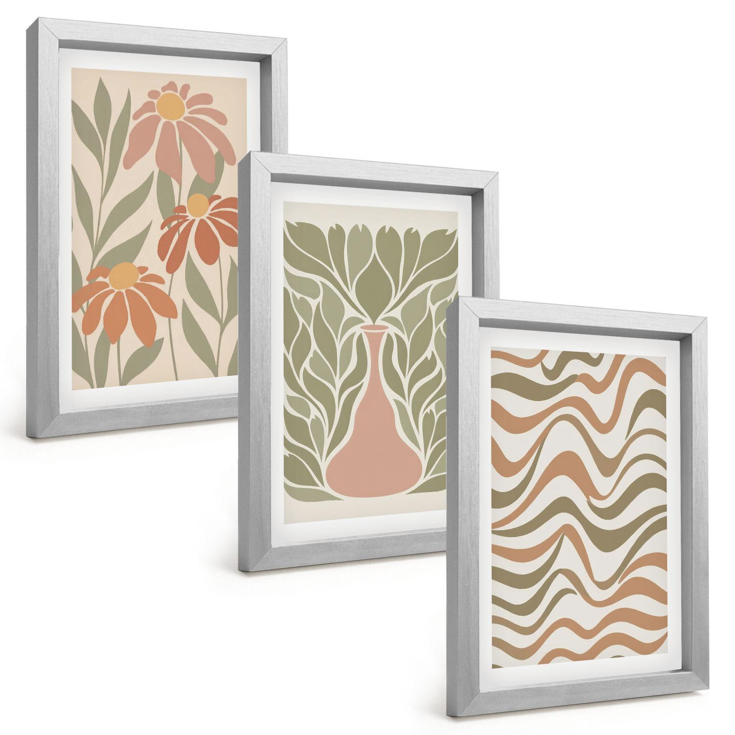 BILDER SET 3er Set - 20x30 cm Silberner Rahmen - Abstrakte Pastellblumen - Silberfarben, Kunststoff (20/30cm) - TULUP