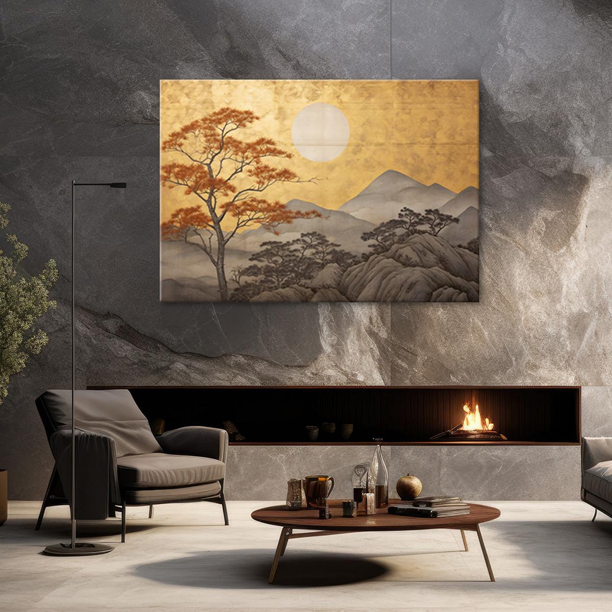 LEINWANDBILD Wohnzimmerdruck - Goldene Berglandschaft 100x70cm - Gelb, Textil (100/70cm) - Feeby