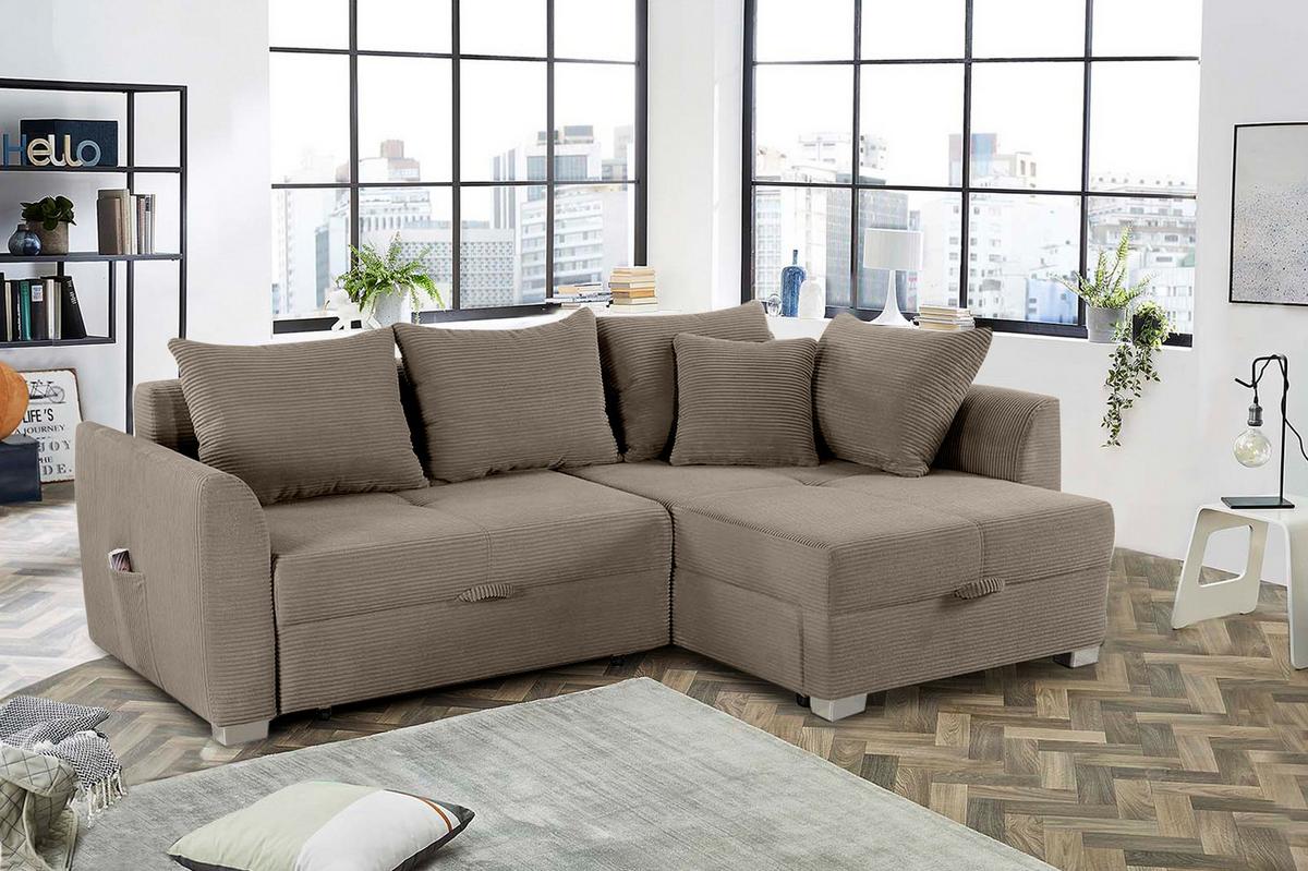 ECKSOFA mit Schlaffunktion und Bettkasten, seitenverkehrt montierbar B236/T160/H81 cm, Liegefl. 142x202 cm, Cord Braun Taupe / 15208 - Chromfarben/Braun, Kunststoff/Textil (236/160cm) - luma-home