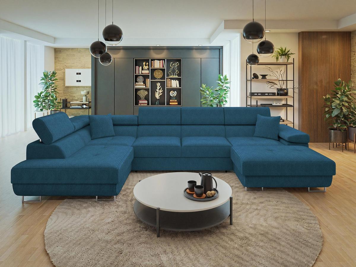 WOHNLANDSCHAFT Torezio Bis Cord, Seite: Links - Blau, Holz/Textil (346/90/203cm) - MIRJAN24
