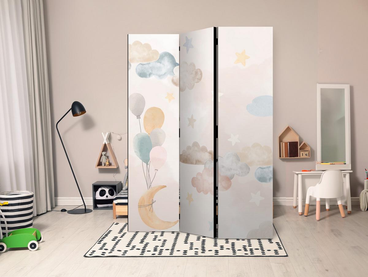 PARAVENT Einseitig Bedruckter 3-tlg 135x172 cm Sterne Wolken Ballons - Multicolor, Holz/Textil (135/172/3cm) - Muralo