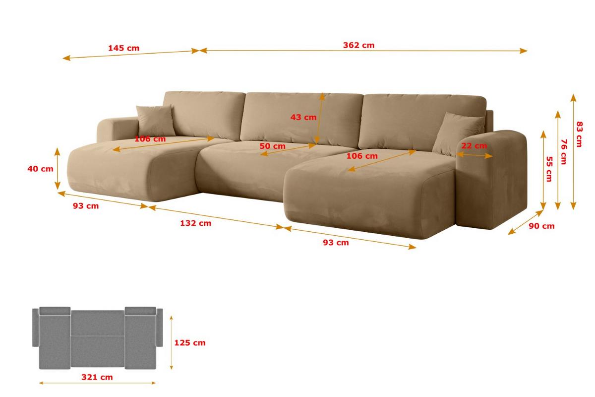 WOHNLANDSCHAFT mit Schlaffunktion und Bettkasten ORRO-U - 362x145x83 cm Beige Velours - Beige/Schwarz, Holzwerkstoff/Kunststoff (362/83/145cm) - ALTDECOR