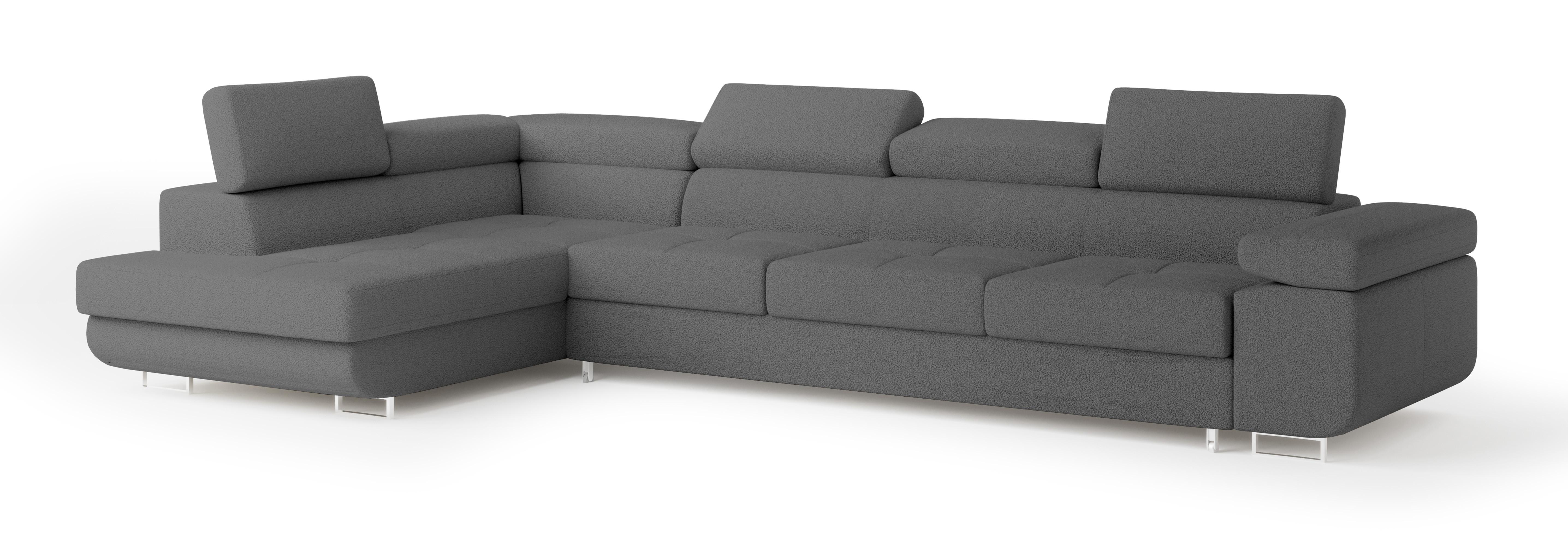 ECKSOFA VICENTE Grau Boucle-Stoff mit Schlaffunktion - Grau, Holz (346/202cm) - MASSENO