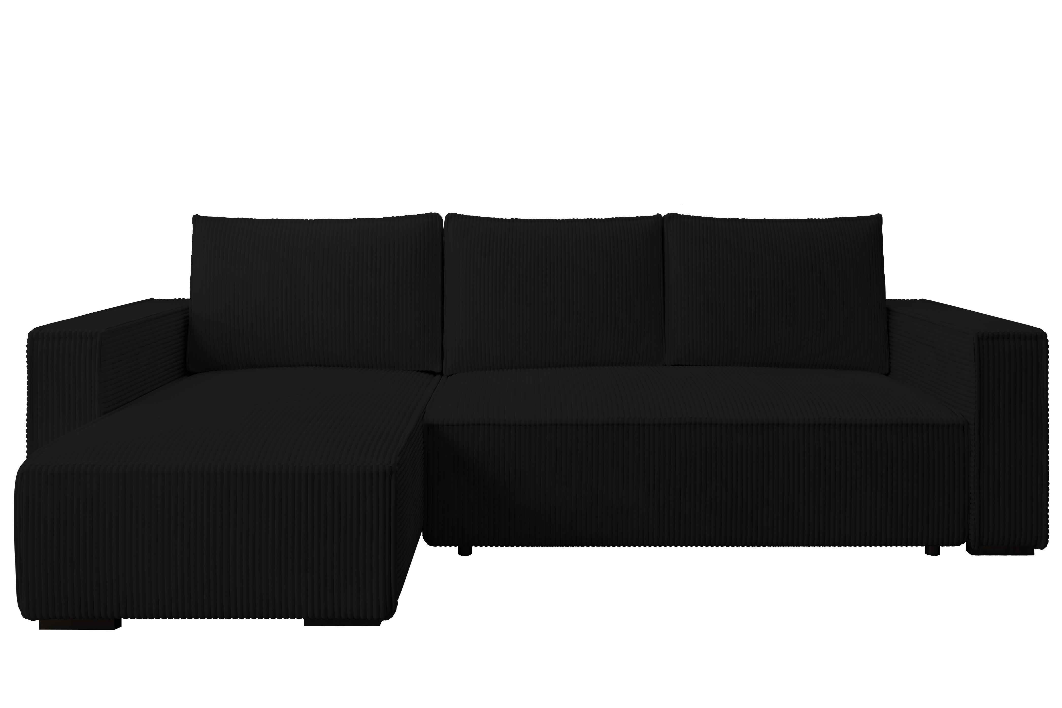 ECKSOFA CUDDY L, Eckcouch in L-Form mit Schlaffunktion und Bettkasten, Farbe: Schwarz, Cordstoff, Ottomane Links - Schwarz, Textil (240/140cm) - Storez24