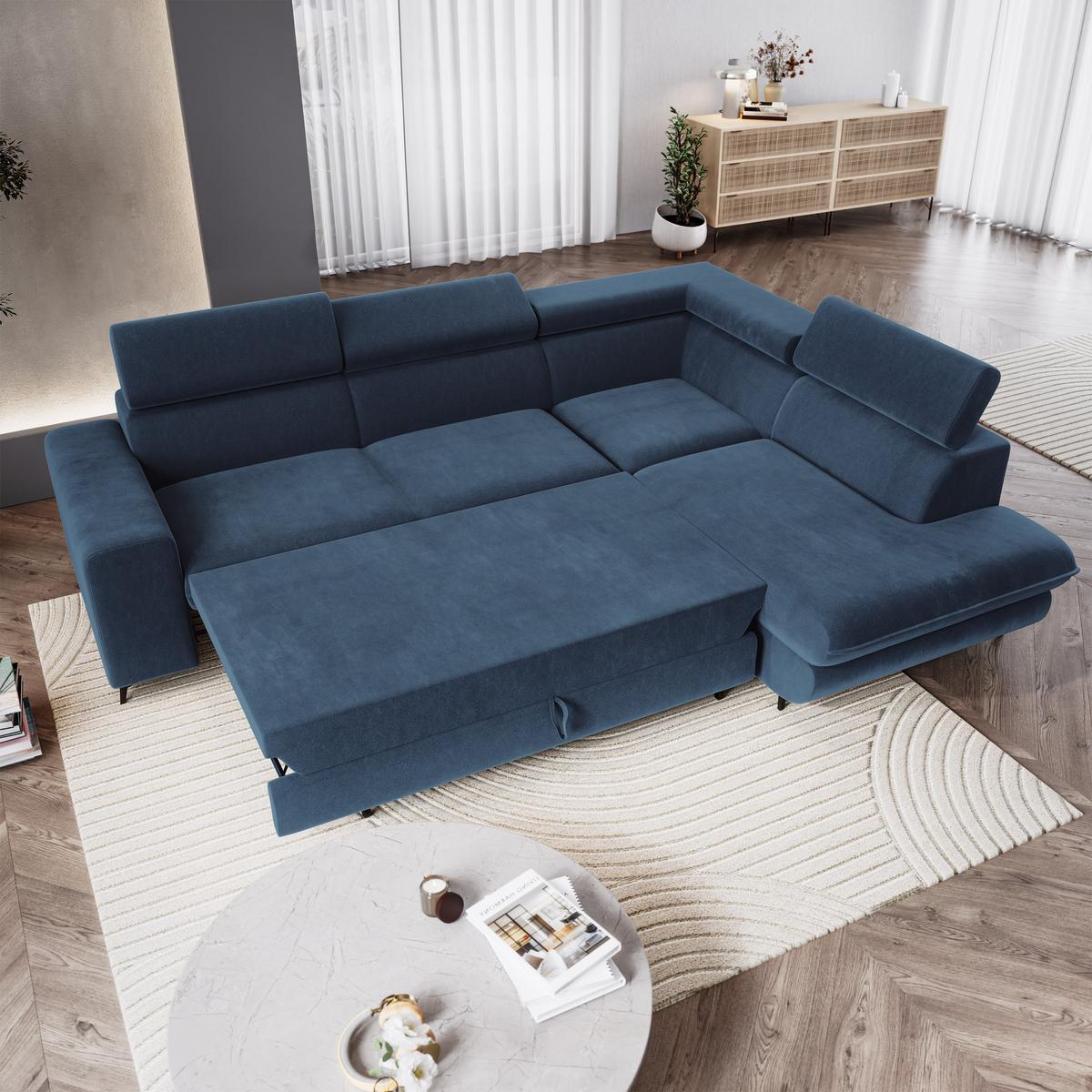 ECKSOFA VELISS Blau Veloursstoff mit Schlaffunktion - Blau, Holz (255/193cm) - MASSENO