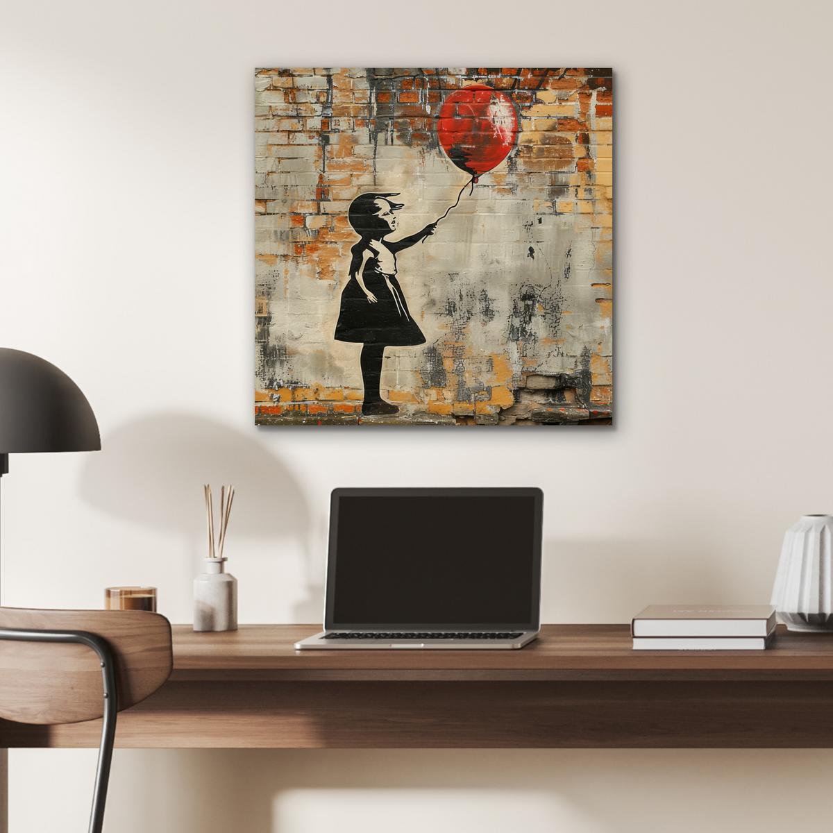 METALLBILD Graffiti - Banksy - Mädchen - Straßenkunst 50x50 cm - Sandfarben, Metall (50/50cm) - MuchoWow
