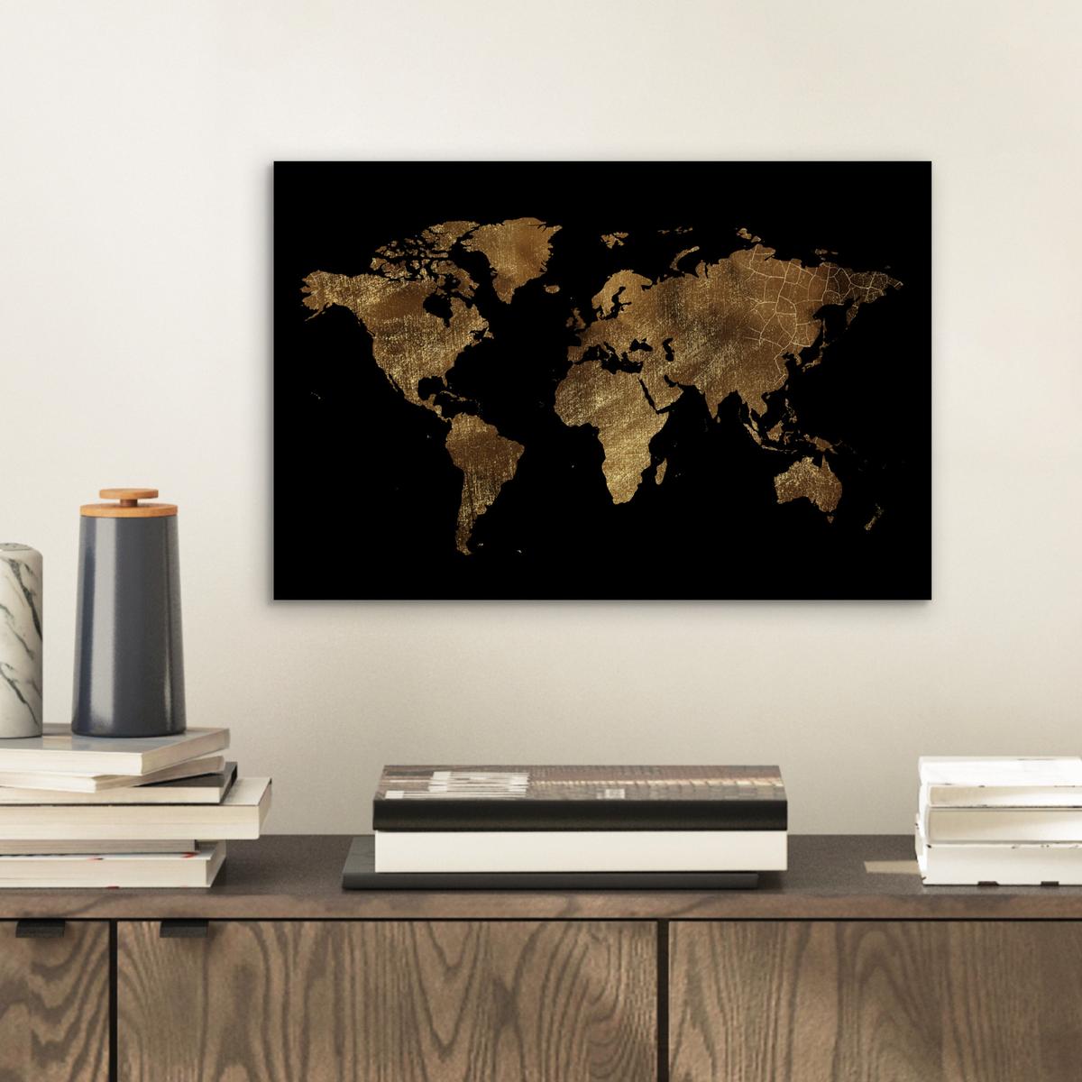 METALLBILD Weltkarte - Gold - Luxus - Erde - Schwarz 30x20 cm - Goldfarben, Metall (30/20cm) - MuchoWow