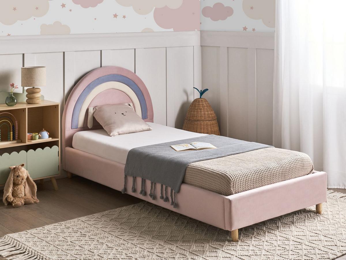 KINDERBETT Regenbogen Samtstoff 90/200 cm Rosa Landeillau - Hellbraun, Textil (90/200cm) - Beliani