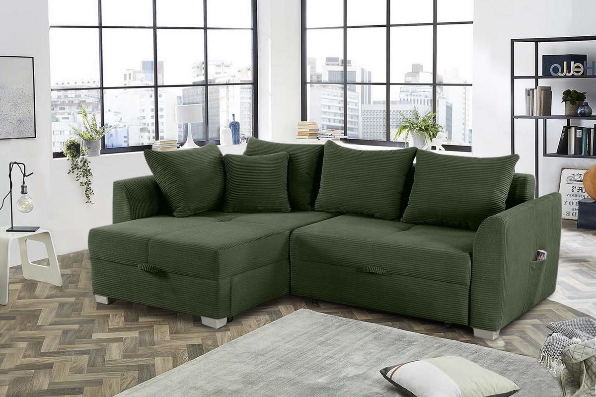 ECKSOFA mit Schlaffunktion und Bettkasten, seitenverkehrt montierbar B236/T160/H81 cm, Liegefl. 142x202 cm, Cord Grün / 15207 - Chromfarben/Grün, Kunststoff/Textil (236/160cm) - luma-home