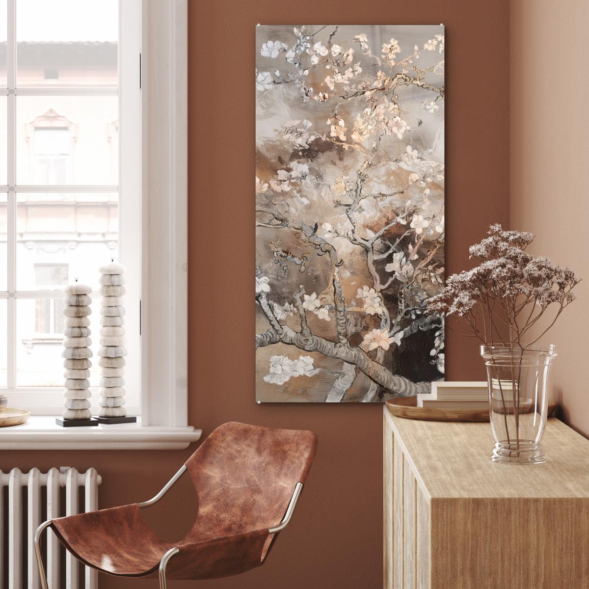 ACRYLGLASBILD Mandelblüte - Kunst - Van Gogh - Beige - Abstrakt 60x120 cm - Braun, Glas (60/120cm) - MuchoWow