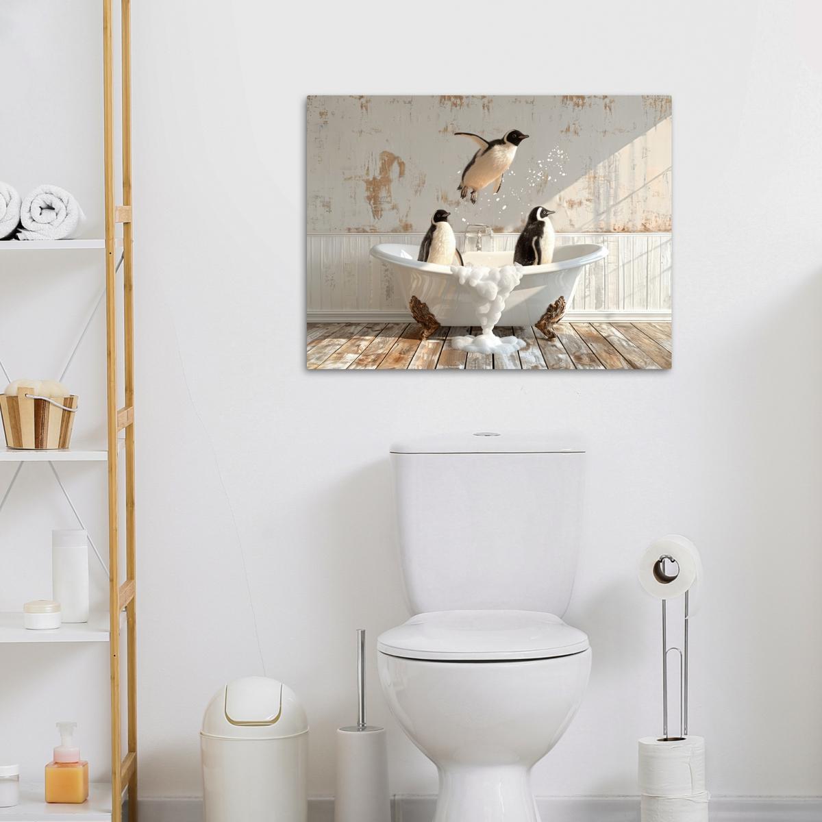 LEINWANDBILD Vintage - Pinguin - Badewanne - Schaumstoff Wandbilder 80x60 cm - Schwarz, Textil (80/60cm) - MuchoWow