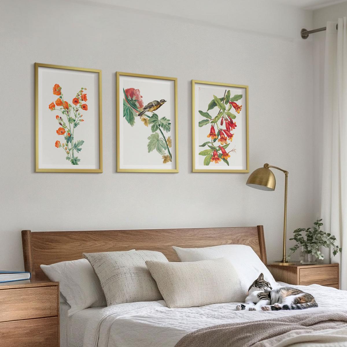 BILDER SET 3er Set - 40x60 cm Goldrahmen - Gemalte Blumen und ein Vogel - Goldfarben, Kunststoff (40/60cm) - TULUP
