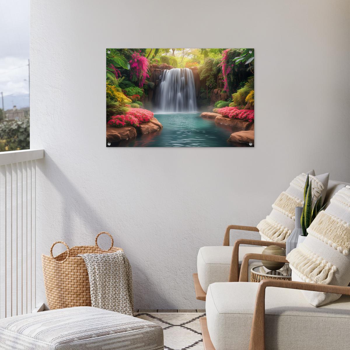 GARTENPOSTER Wasserfall - Natur - Pflanzen - Dschungel - Wasser Gartendeko 90x60 cm - Grün, Kunststoff (90/60/0.2cm) - OnlyWow