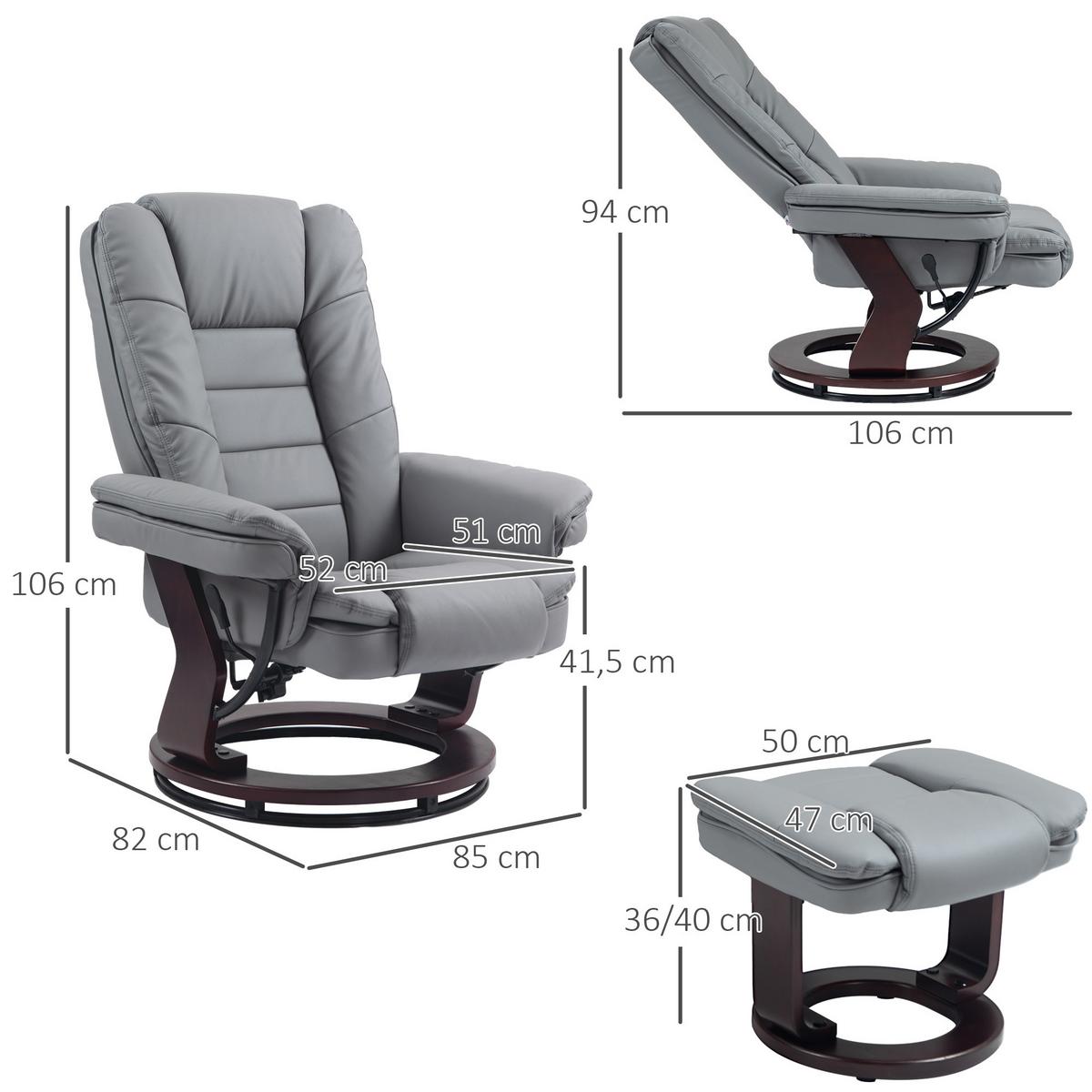 RELAXSESSEL mit Hocker 360°Drehbarer Fernsehsessel mit Liegefunktion Kunstleder - Braun/Grau, Leder/Holz (82/106/85cm) - HOMCOM