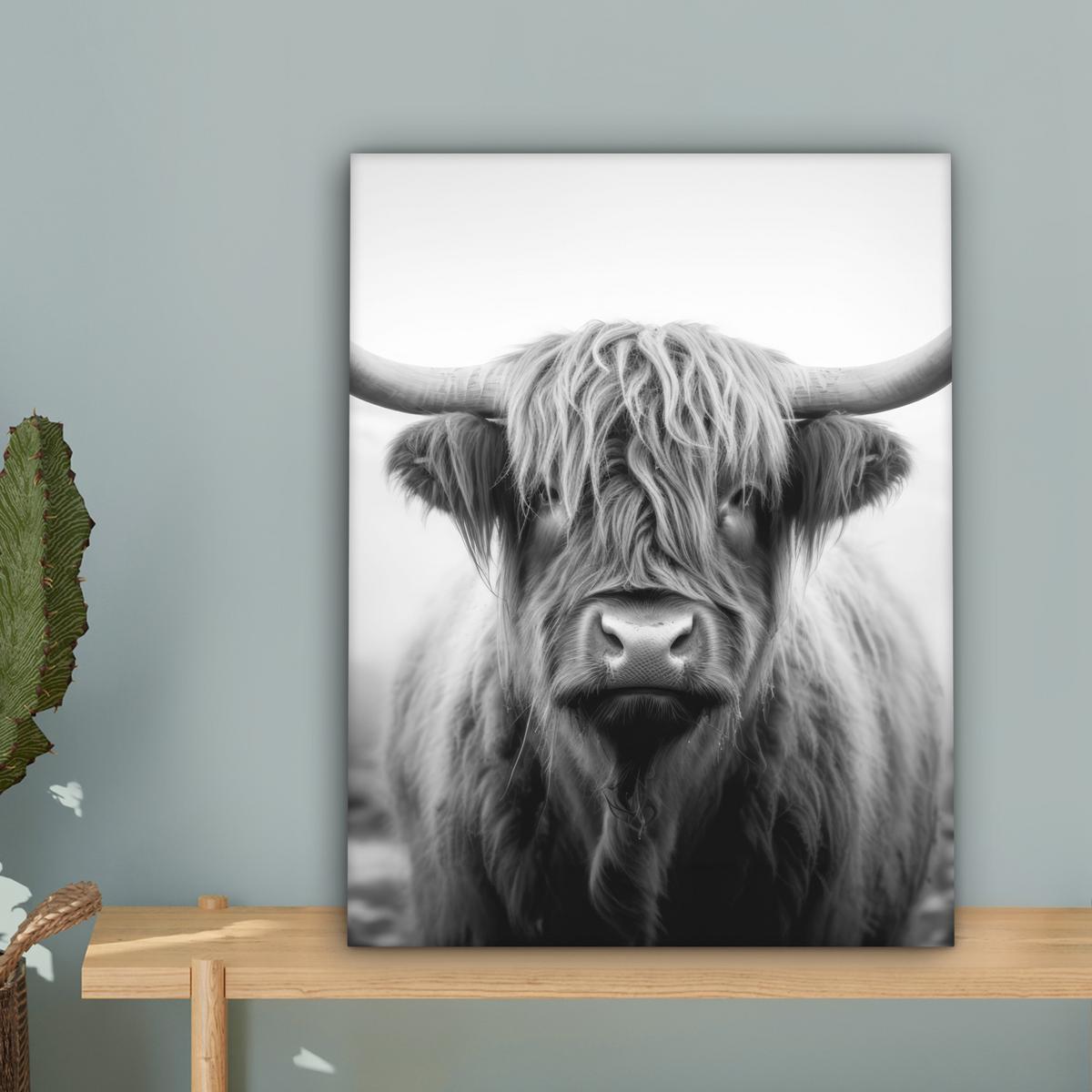 LEINWANDBILD Schottischer Highlander - Nebel - Schwarz - Weiß Room Decor 30x40 cm - Grau, Textil (30/40cm) - MuchoWow