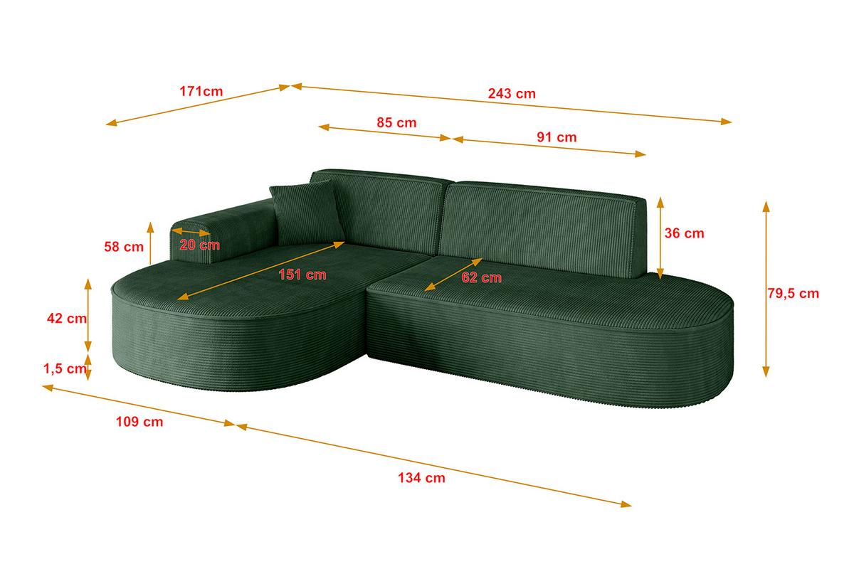 ECKSOFA Ottomane Links MARI-L1 - 243x171x79 cm Grün Cord - Schwarz/Grün, Holzwerkstoff/Kunststoff (163/234cm) - ALTDECOR
