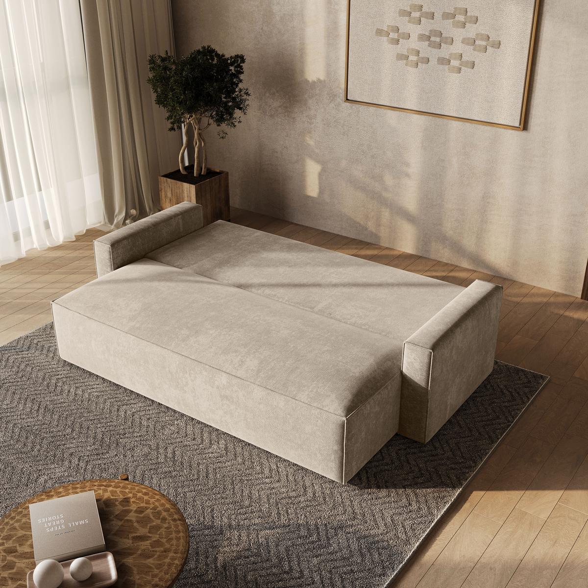 BETTSOFA MENI LM Creme Chenille-Stoff mit Schlaffunktion - Creme, Textil (232/85/87cm) - MASSENO