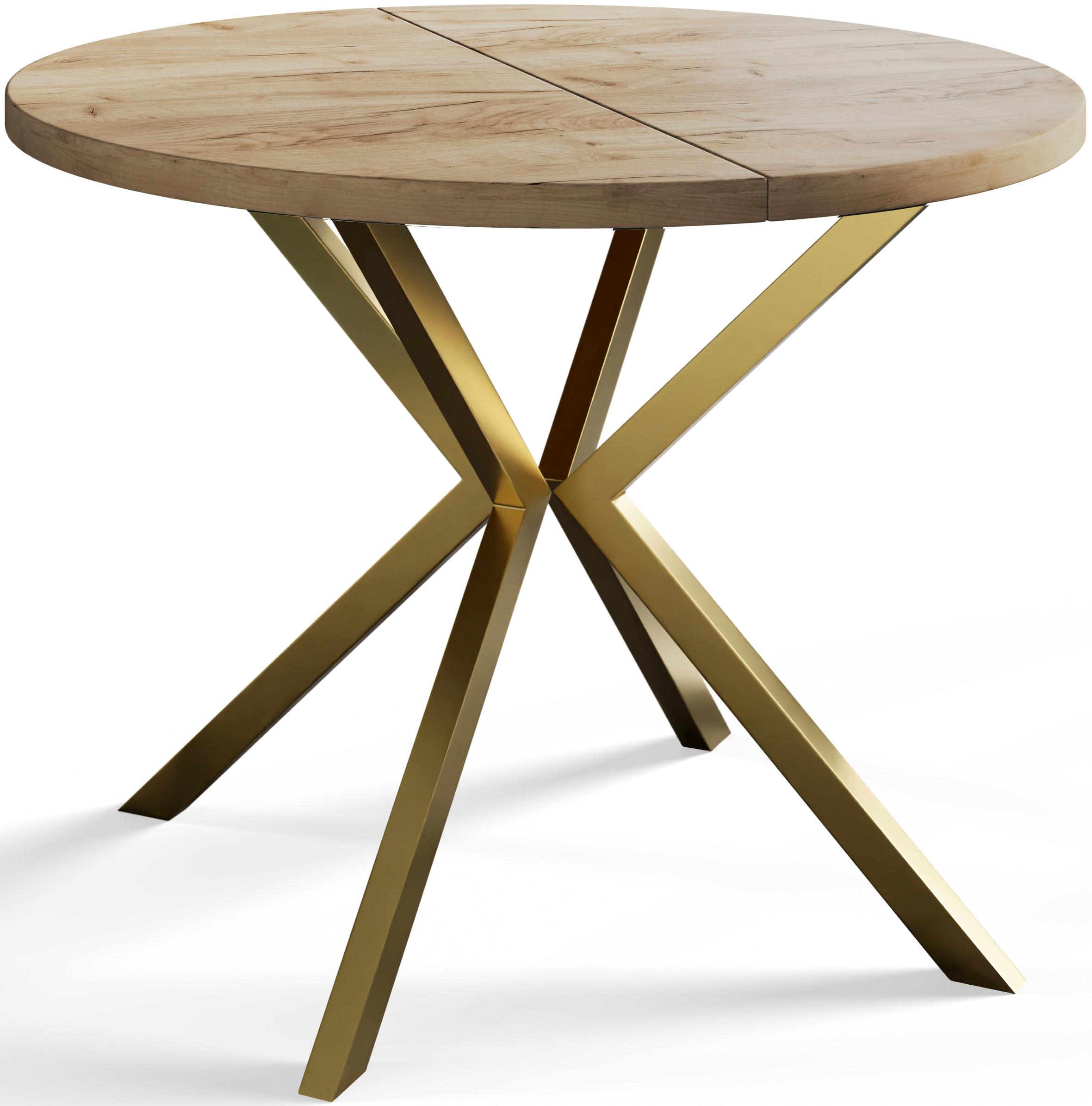 RUNDER Esszimmertisch LOFT LITEN, ausziehbarer Tisch Durchmesser: 120 cm/200 cm, Wohnzimmertisch Farbe: Braun, mit Metallbeinen in Farbe Gold - Goldfarben/Braun, Holzwerkstoff (120/120/76cm) - Alpi-Möbel