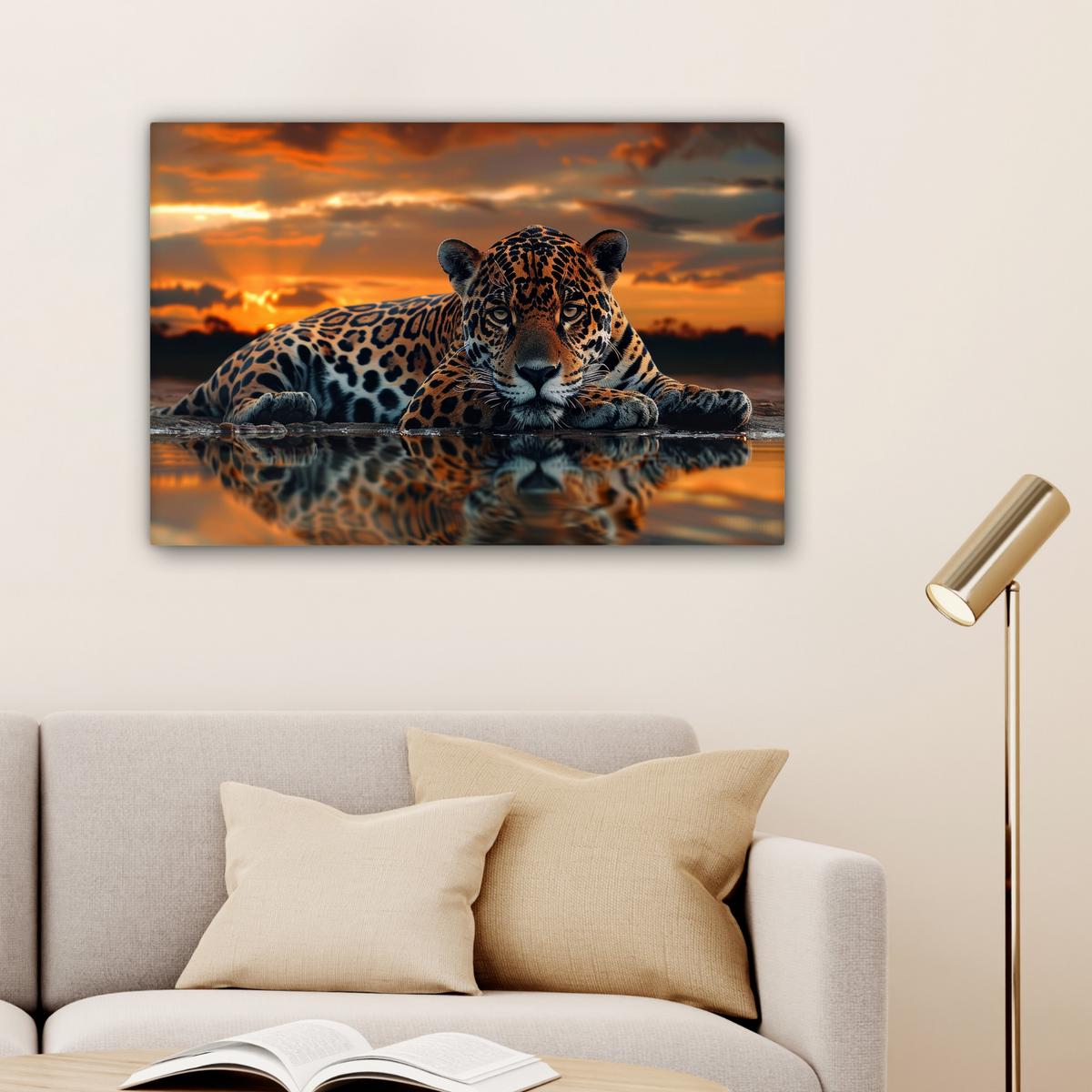 LEINWANDBILD Natur - Leopard - Tier - Sonnenuntergang - Modern Gemälde 60x40 cm - Orange, Textil (60/40cm) - MuchoWow