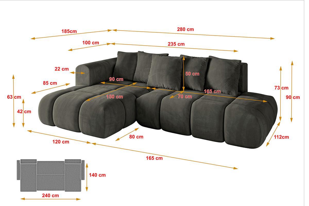 ECKSOFA Ottomane Links CLOUD-L-v1 280x185x90 Schwarz Velours - Schwarz, Holzwerkstoff/Kunststoff (180/289cm) - ALTDECOR