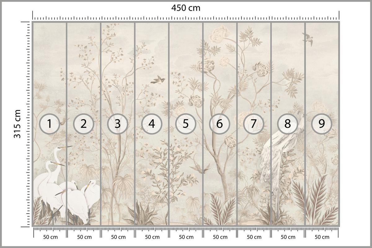 FOTOTAPETE für Esszimmer Weiße Vögel Bäumen Natur Kräne Blumen 450x315 - Beige, Papier (450/315cm) - Muralo