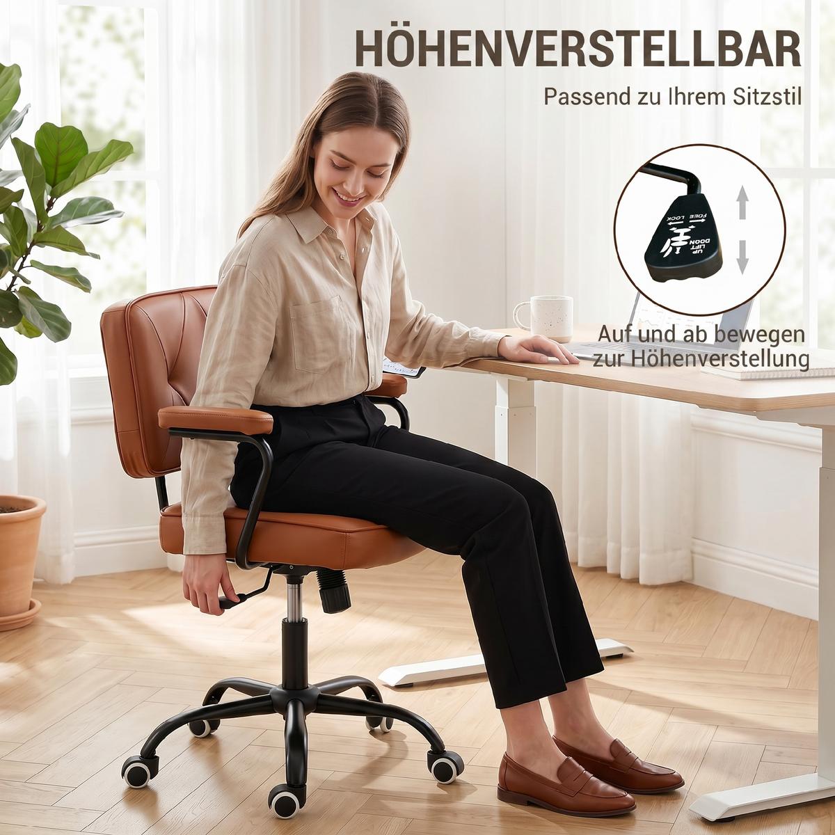 BÜROSTUHL mit Rollen, Drehstuhl, Braun - Braun, Metall (58/91/61cm) - Vinsetto