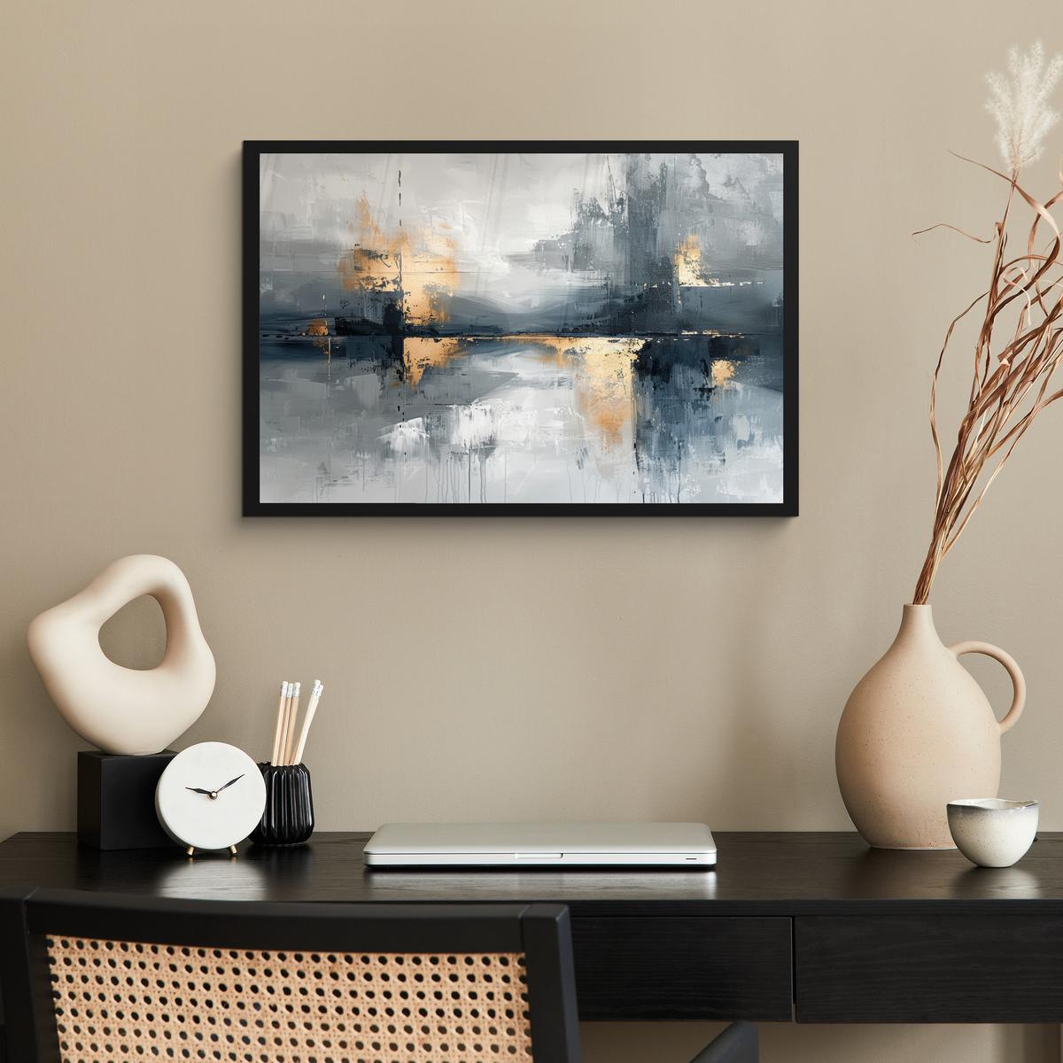 POSTER MIT RAHMENGERAHMTES BILD Kunst - Grau - Gold - Abstrakt 60x40 cm - Dunkelgrau, Papier (60/40cm) - MuchoWow