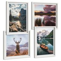 BILDER SET 4er Set - 50x50 cm & 40x60 cm Weißer Rahmen - Bergsee, Bootsfahrt, Sonnenuntergang, Hirsche - Weiß, Kunststoff (50/50cm) - TULUP
