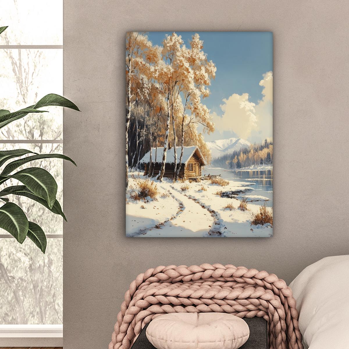 LEINWANDBILD Winter - Schnee - Zuhause - Natur Wandbild Wohnzimmer 60x80 cm - Hellbraun, Textil (60/80cm) - MuchoWow