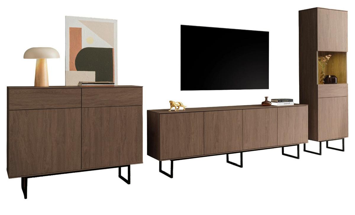 WOHNWAND in Nussbaum 3-teilig 400 cm, Komplett-Set mit Push-to-Open - Nussbaumfarben/Schwarz, Glas/Holzwerkstoff (400/200/40cm) - Furn.Design